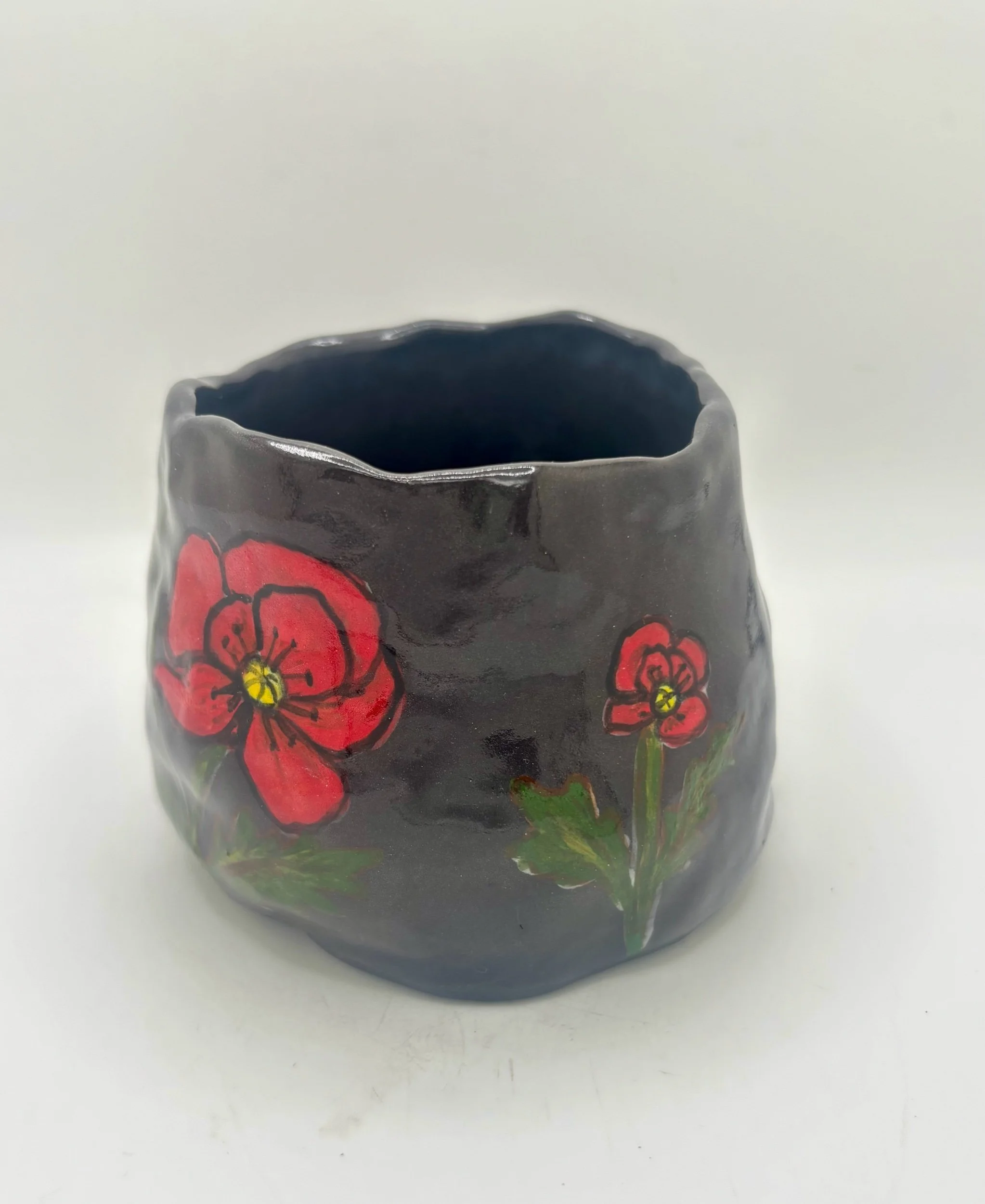 Spanish Black Porcelain Asymmetric Cup — Red Poppy